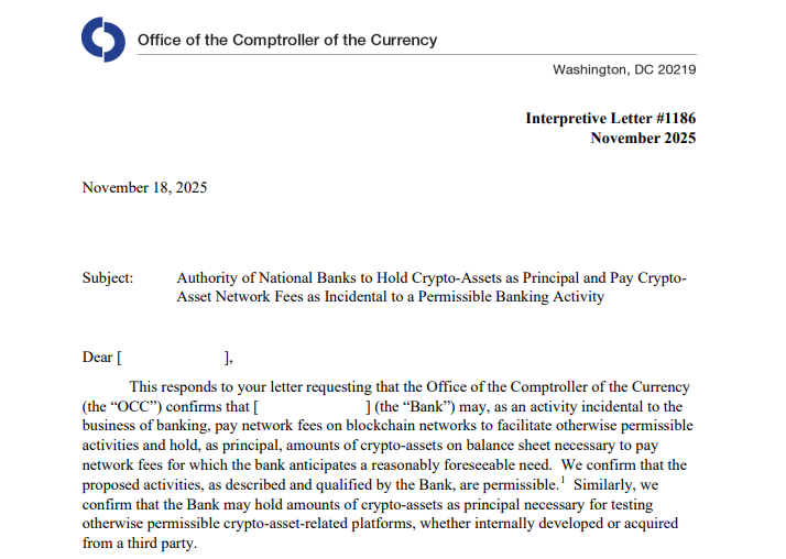 OCC, 미국 은행이 온체인 운영을 위해 대차대조표에 암호화폐를 보유하도록 허가